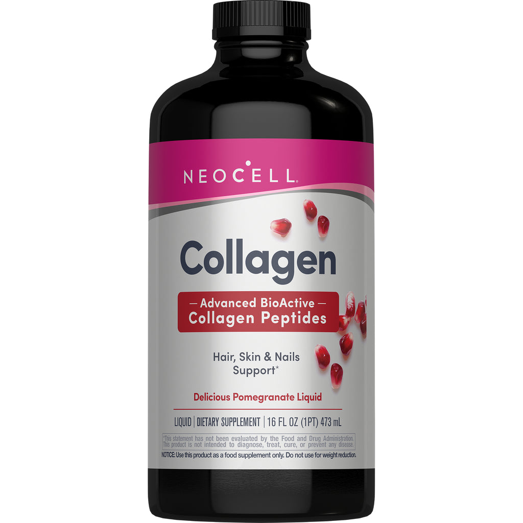 NEC041 | Neocell Collagen liquid supplement bottle, pomegranate flavor, front label with pomegranate seeds - Thumbnail