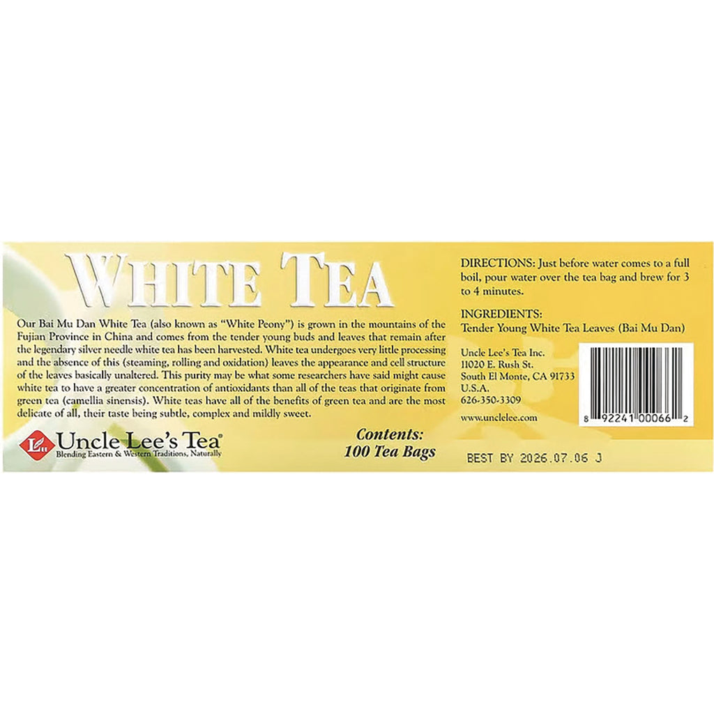 UL018 | White Tea box back panel with directions, ingredients, barcode, and contents 100 tea bags - Thumbnail