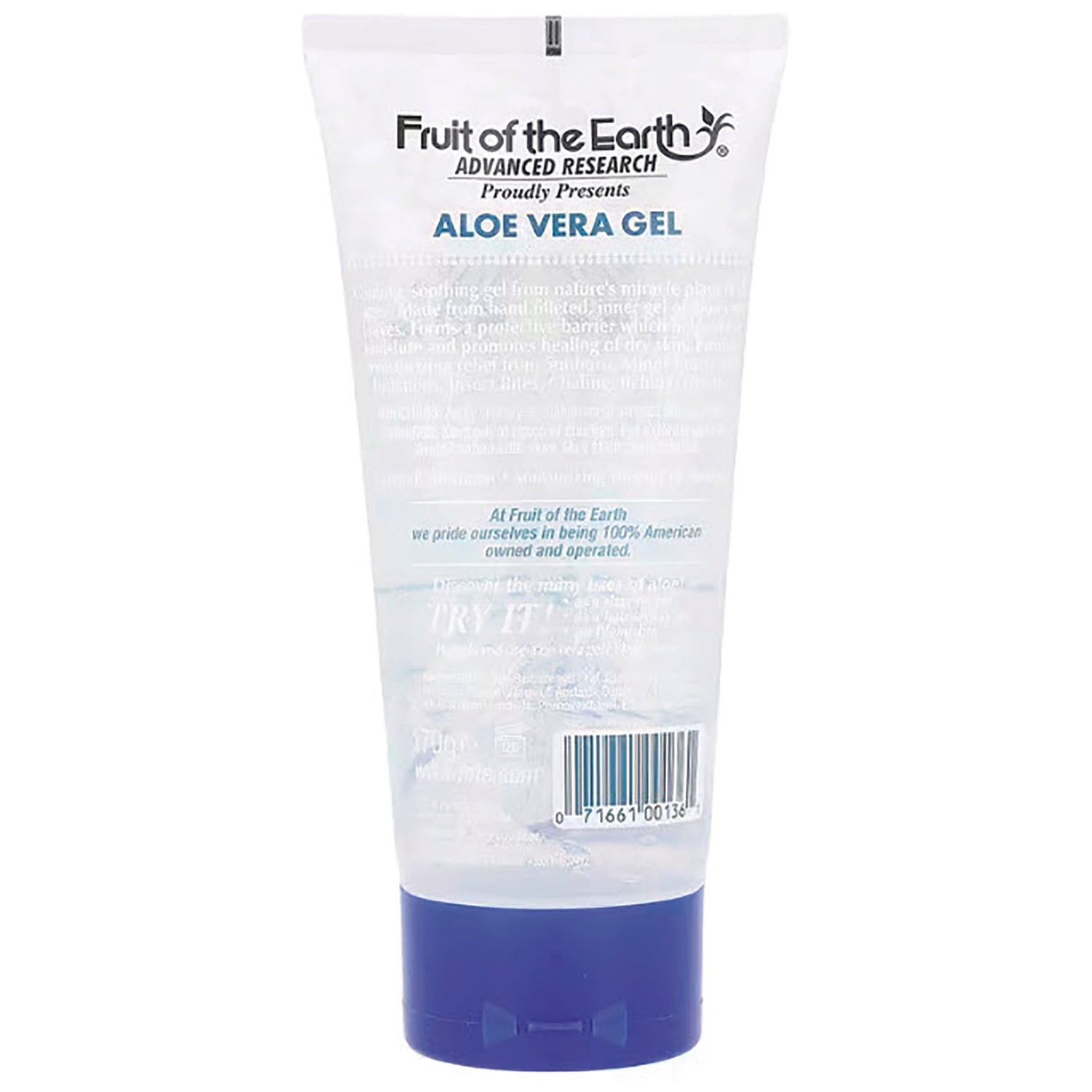 FE002 | Back of Fruit of the Earth Aloe Vera Gel tube showing ingredient text and barcode