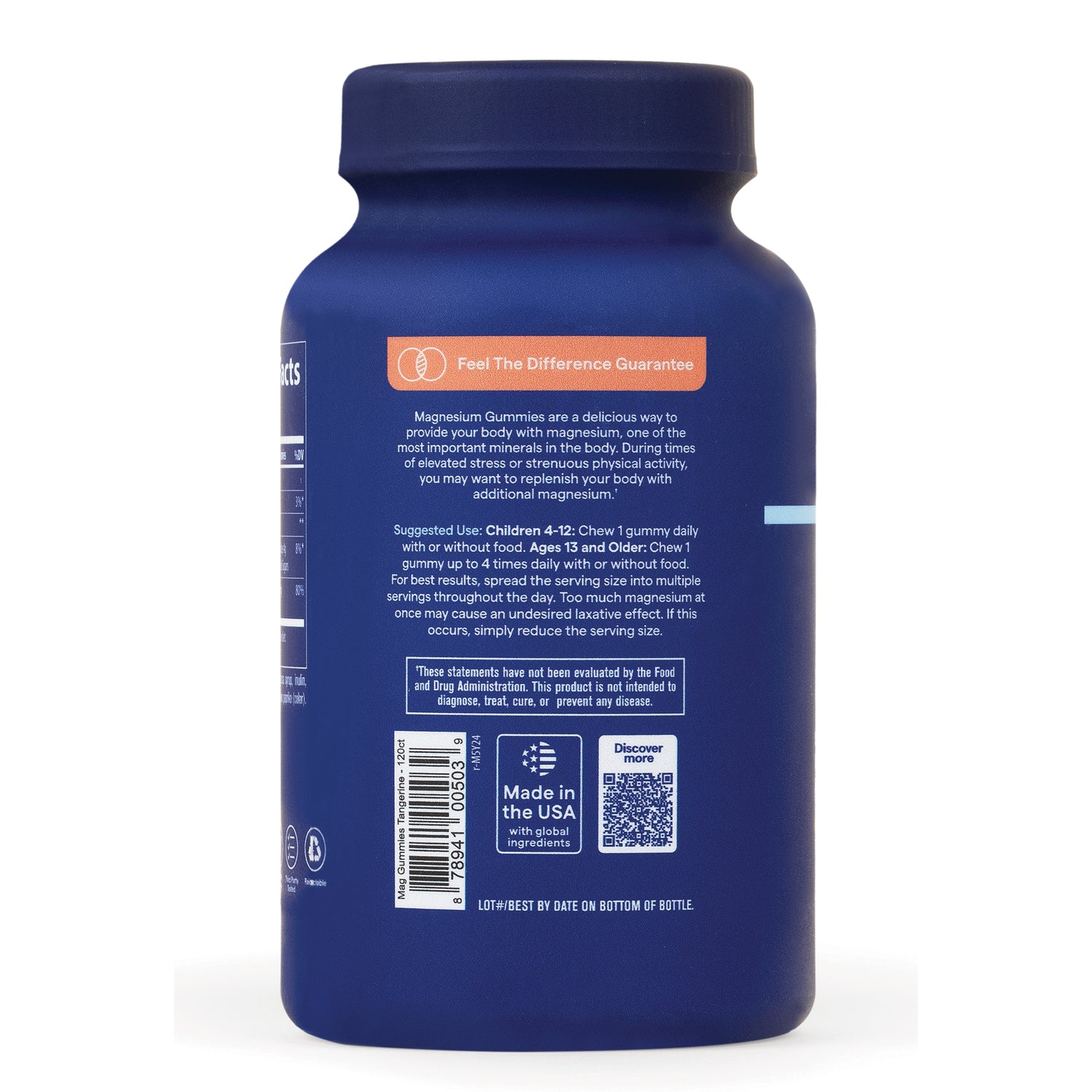 TM113 | Back label of magnesium gummies bottle with usage directions, Feel The Difference Guarantee, QR code, Made in the USA