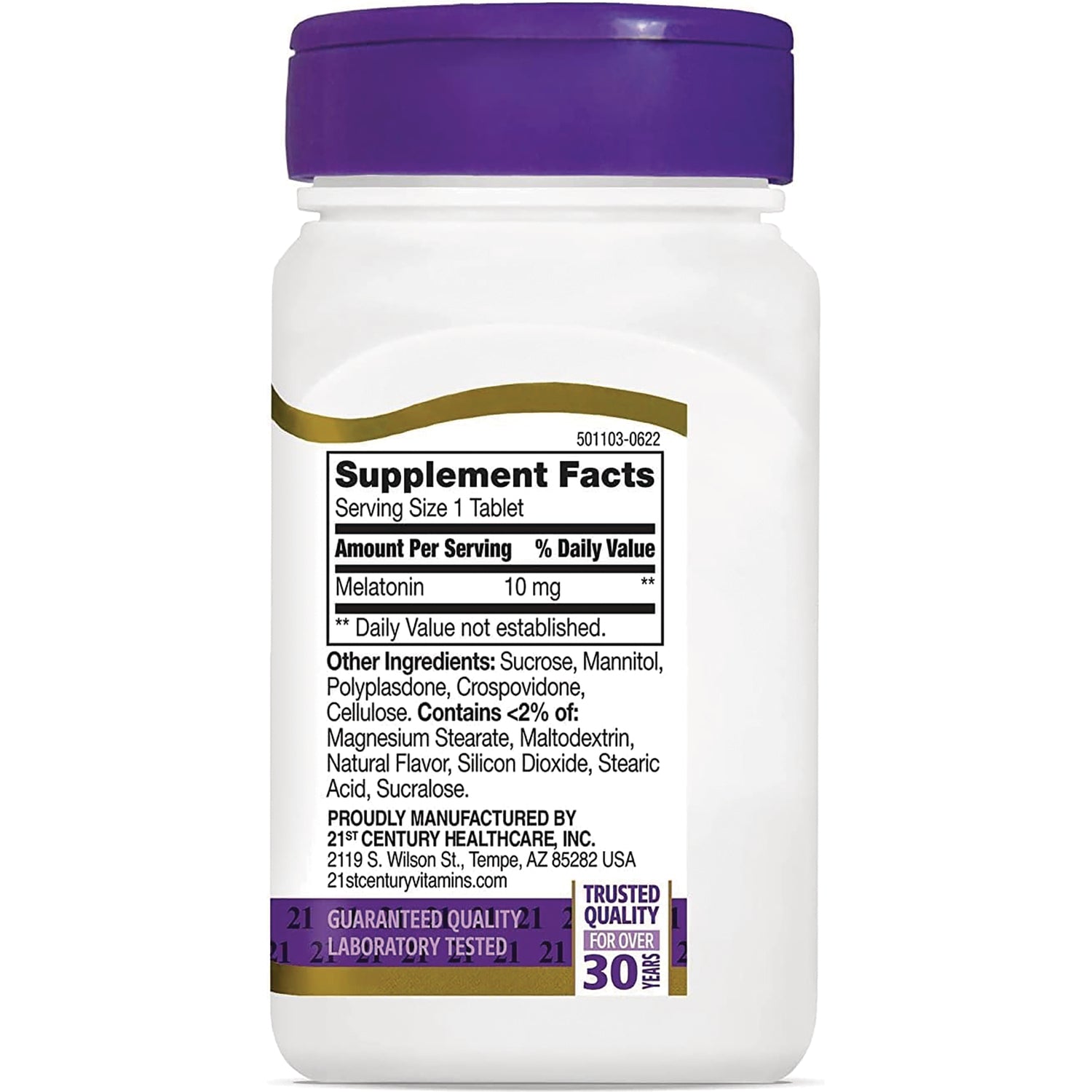 CNT246 | back label of white supplement bottle showing Supplement Facts Serving Size 1 Tablet; Melatonin 10 mg and ingredients list