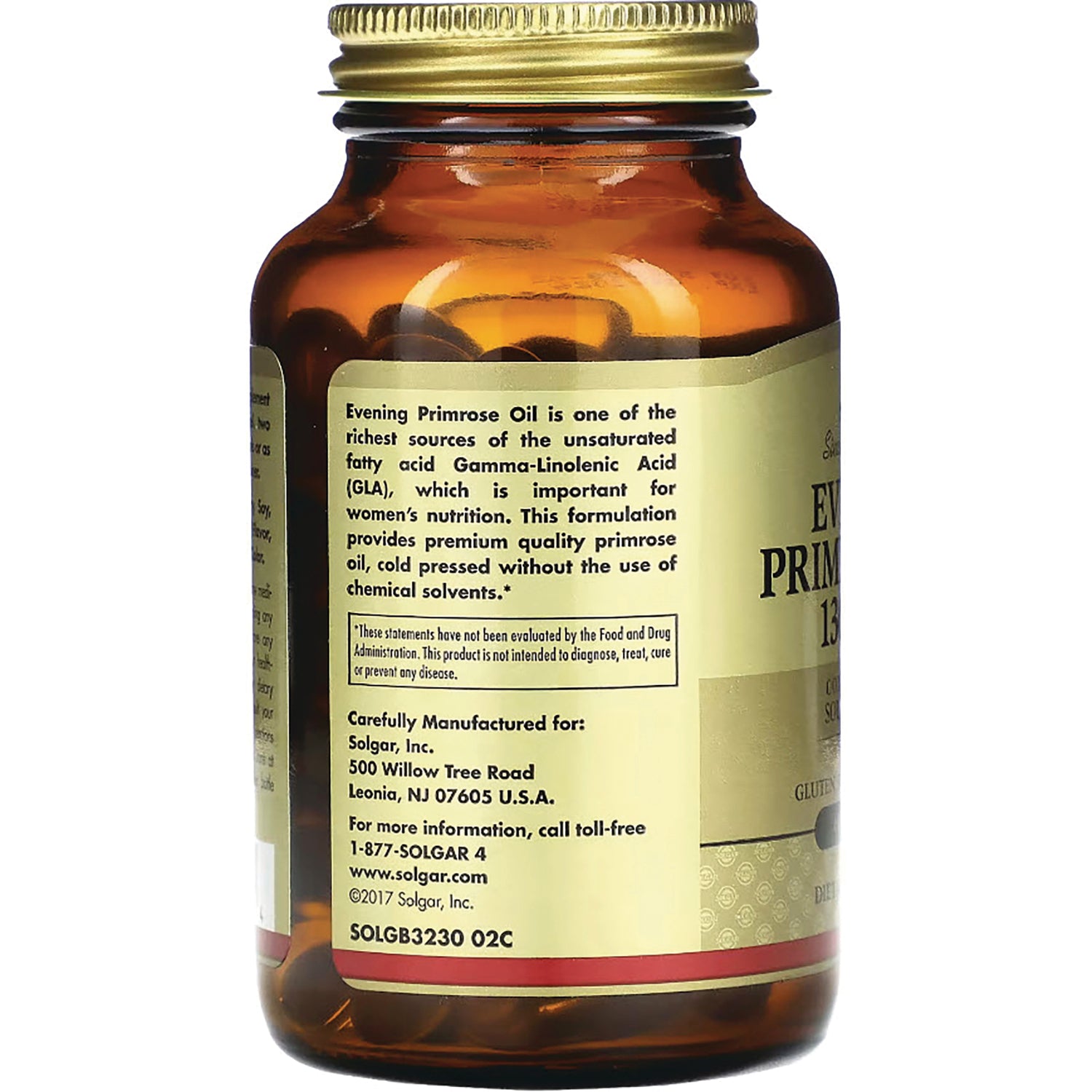 SLG277 | Amber supplement bottle back label showing Evening Primrose Oil description and SOLGB3230 02C code