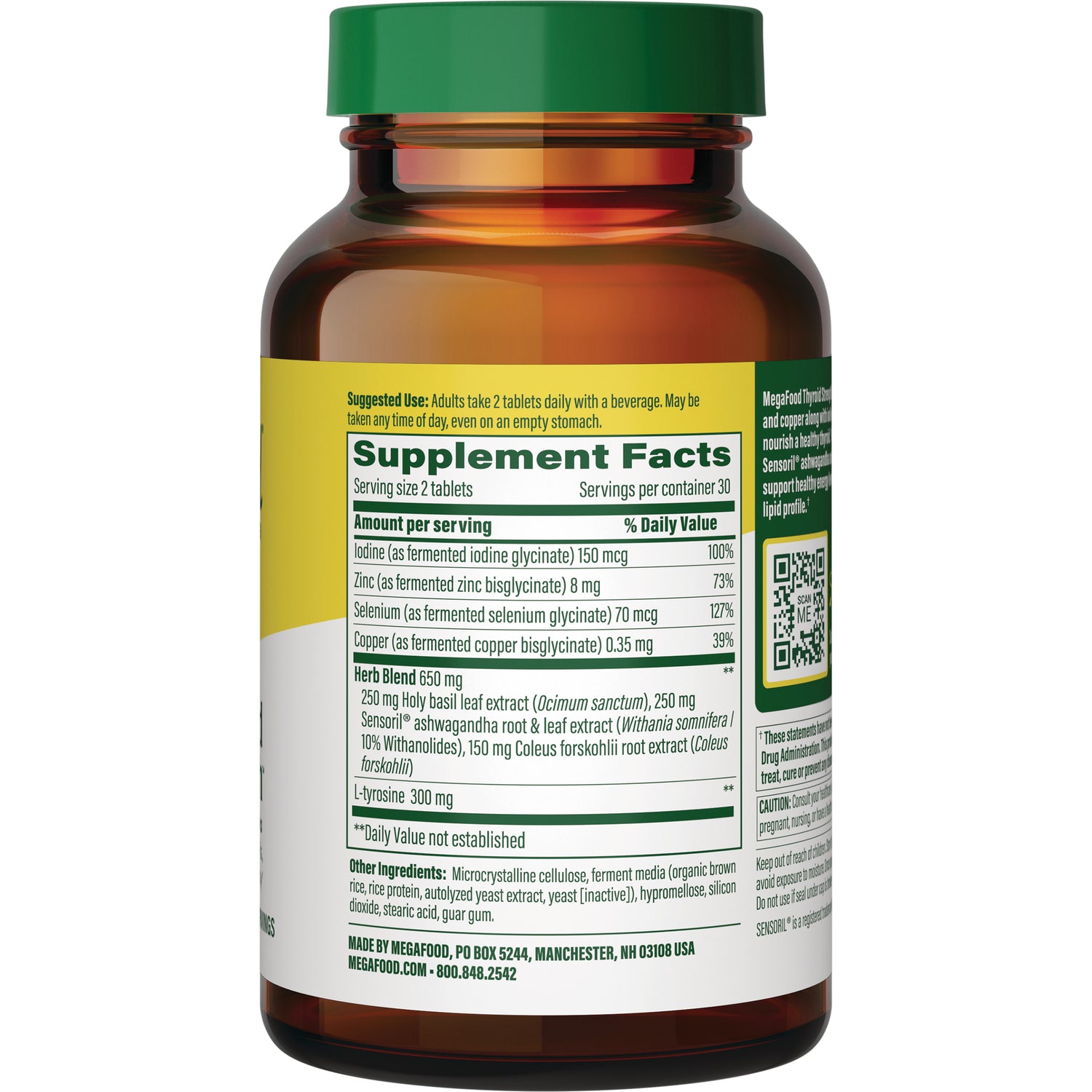 MGF030 | Back of amber supplement bottle showing Supplement Facts panel, ingredients list and QR code