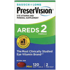 BNL025 | PreserVision AREDS 2 eye vitamin and mineral supplement box showing 120 mini soft gels and #1 doctor recommended