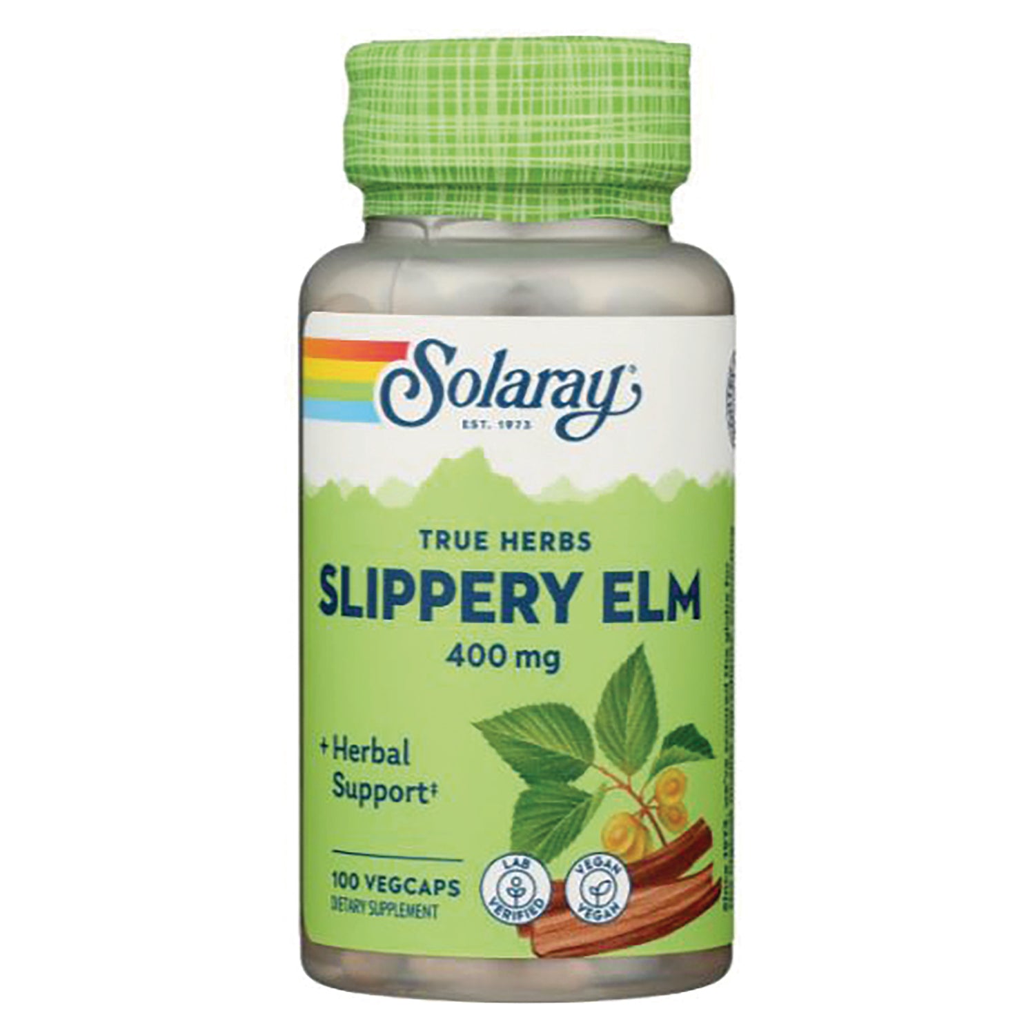 SLR226 | Solaray Slippery Elm 400 mg supplement bottle with green label and 100 vegcaps