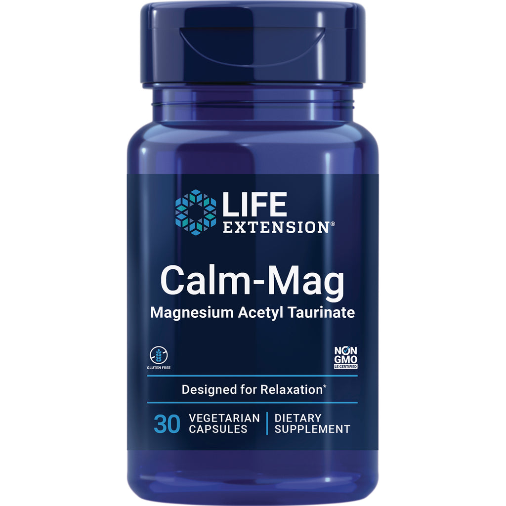 LE584 | Blue bottle of Life Extension Calm-Mag magnesium acetyl taurate, 30 vegetarian capsules dietary supplement - Thumbnail