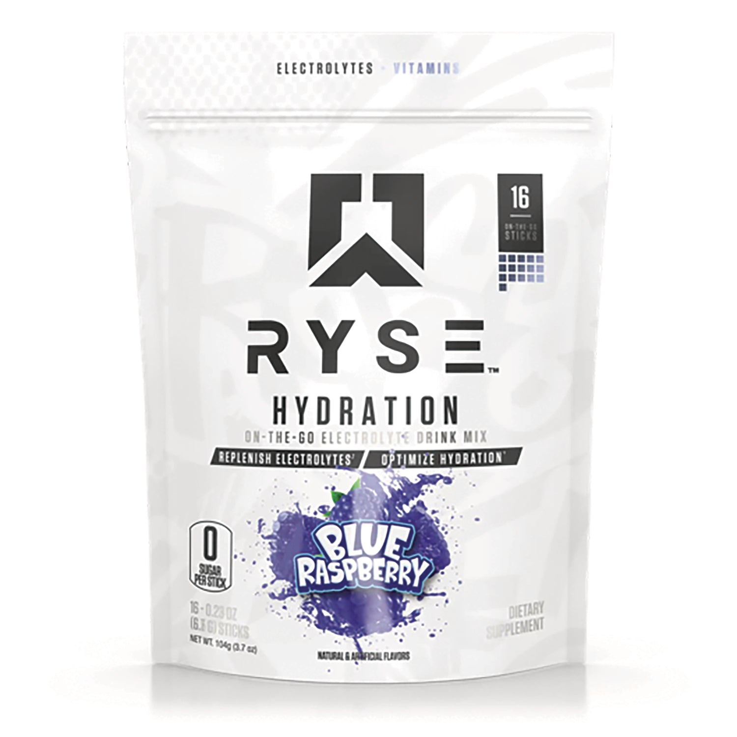 RYS007 | RYSE Hydration Blue Raspberry electrolyte drink mix pouch front view