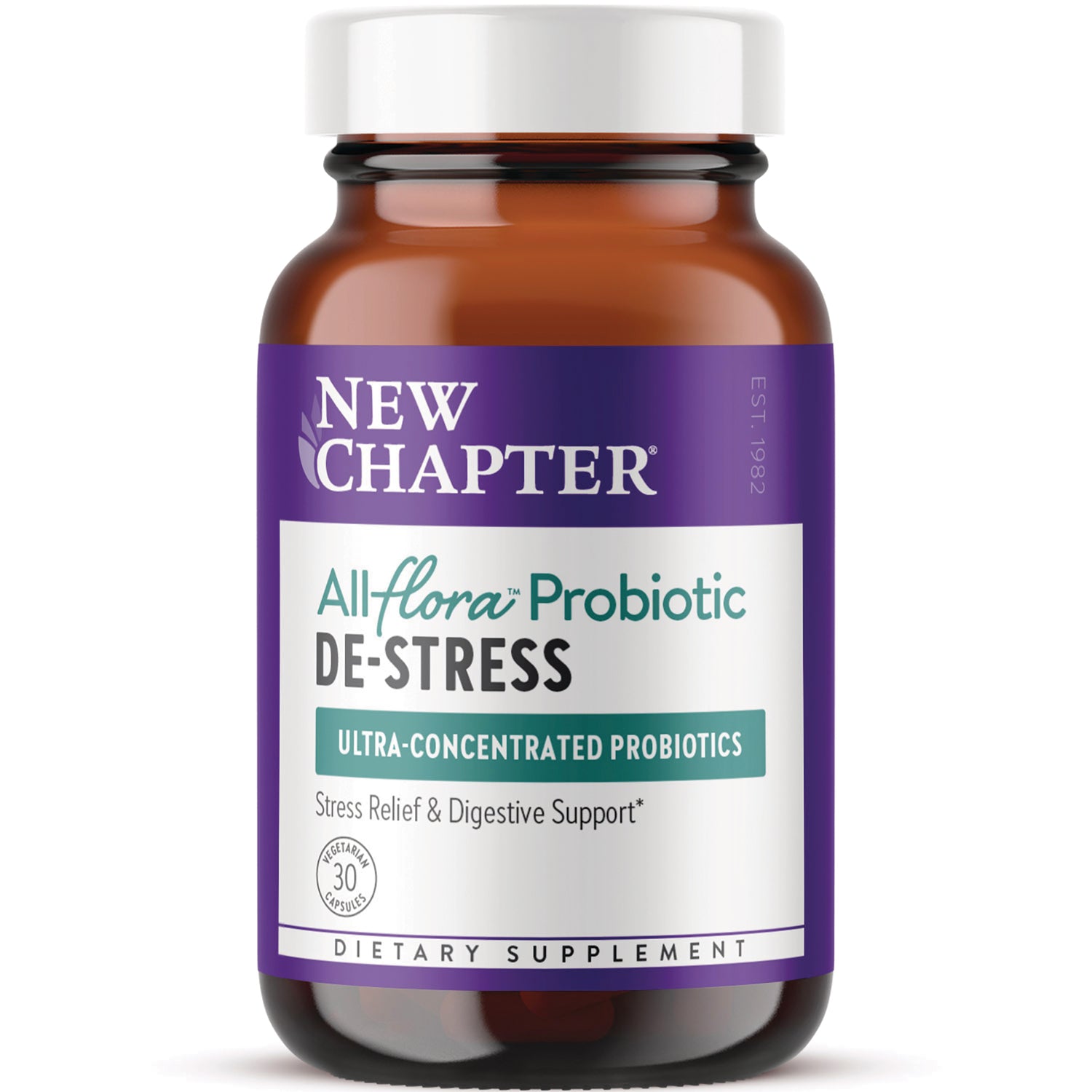 NWC391 | New Chapter Allflora Probiotic De-Stress supplement bottle front label showing ultra-concentrated probiotics and 30 capsules