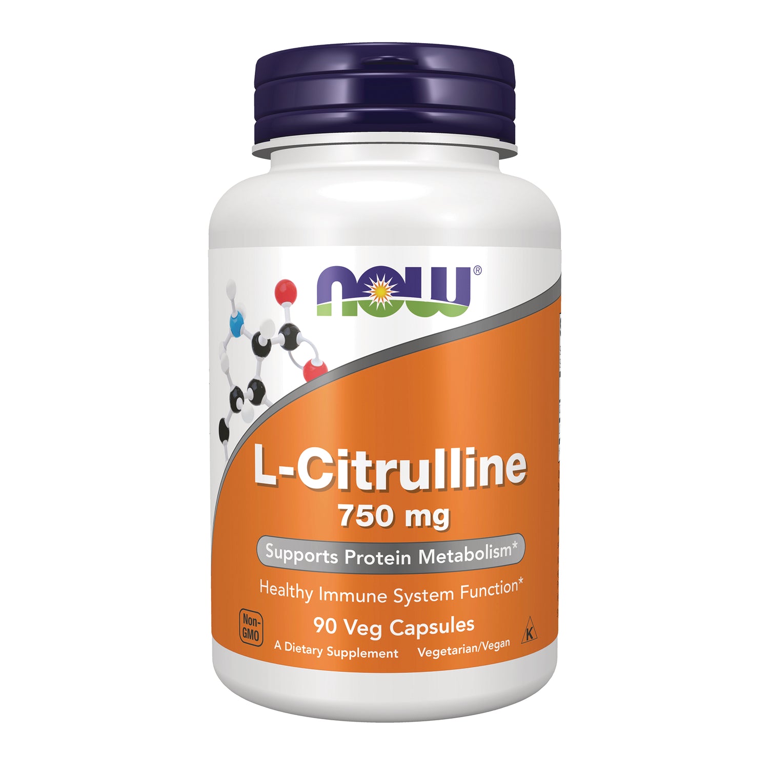 NWF169 | NOW L-Citrulline 750 mg white bottle with orange label, 90 Veg Capsules front view