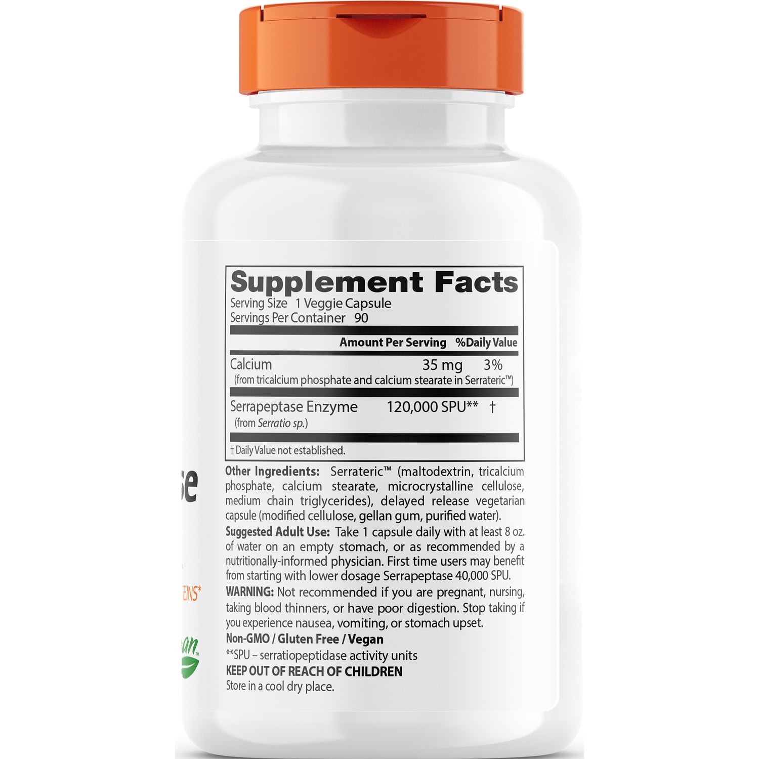 DB135 | Back label with Supplement Facts showing serving size 1 veggie capsule, Calcium 35 mg, Serrapeptase 120,000 SPU, ingredients and warnings
