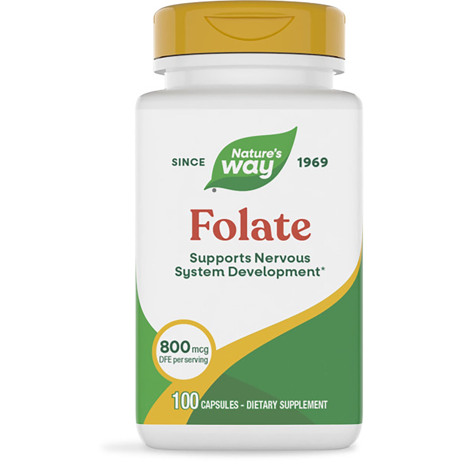 NW934 | Nature's Way Folate dietary supplement bottle, 100 capsules, yellow cap