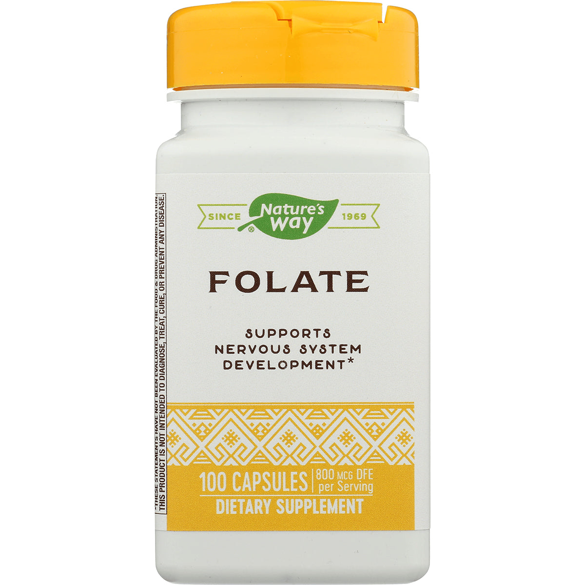 NW934 | Nature's Way Folate dietary supplement bottle, 100 capsules, yellow cap