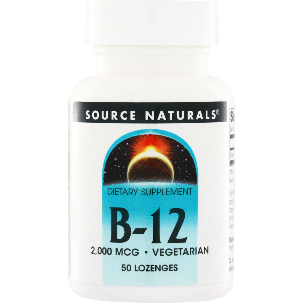 SN457 | Source Naturals B-12 dietary supplement, 2,000 mcg, vegetarian, 50 lozenges bottle front - Thumbnail