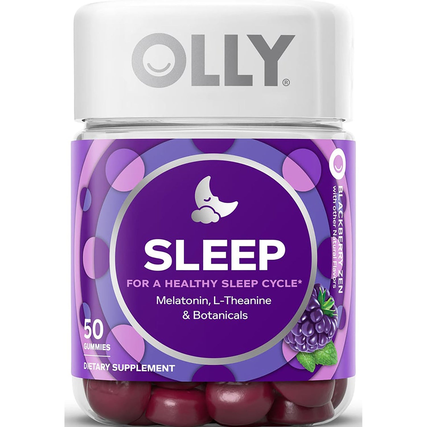 OLY008 | OLLY Sleep gummies bottle, blackberry flavor, 50 gummies, label reads SLEEP Melatonin, L-Theanine & Botanicals