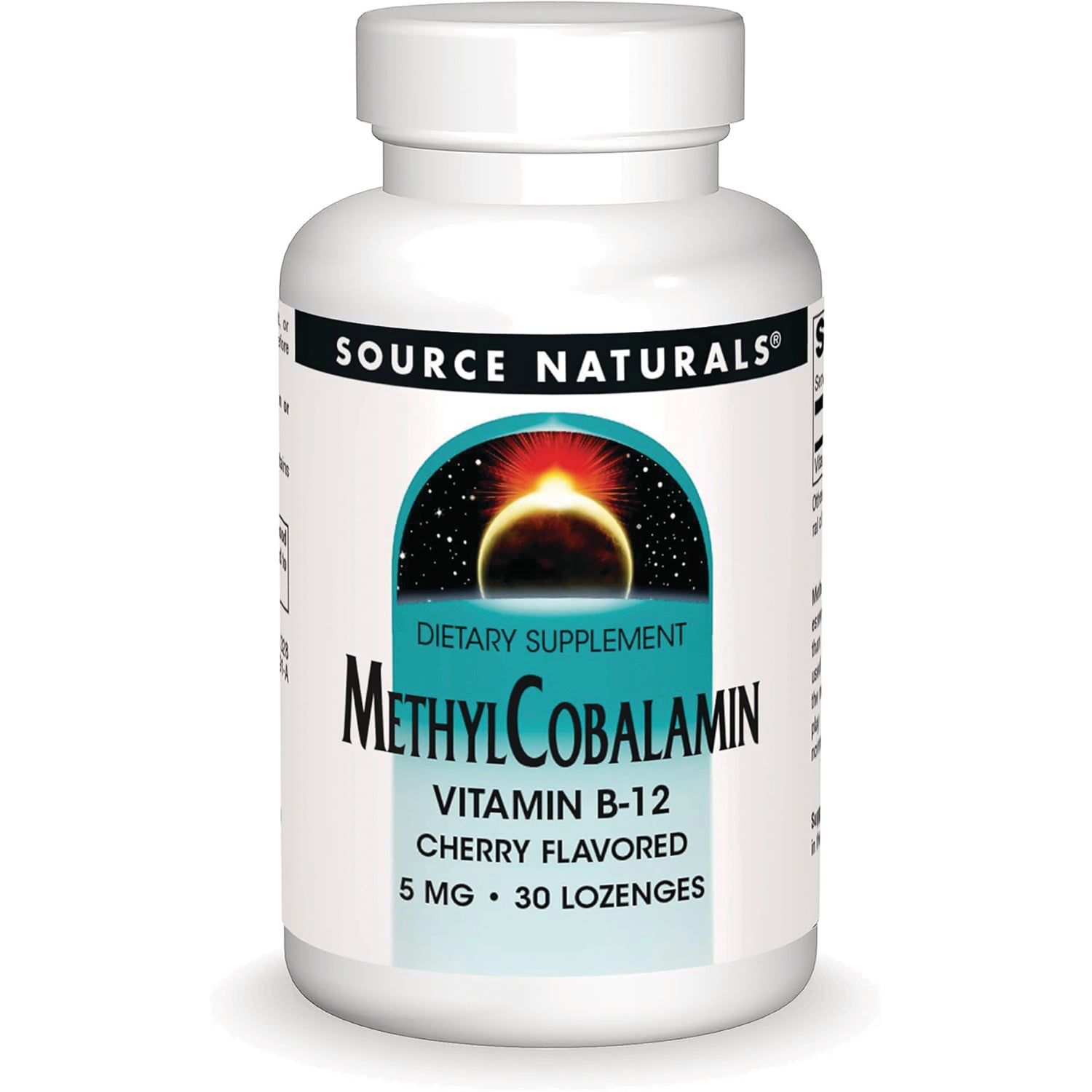 SN876 | Source Naturals MethylCobalamin Vitamin B-12, cherry flavored, 5 mg, 30 lozenges