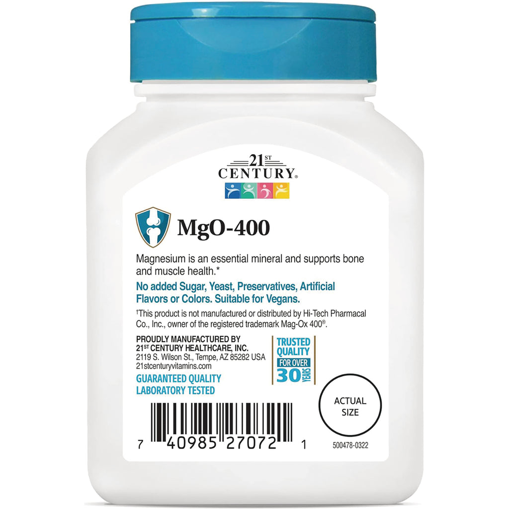CNT105 | back label of MgO-400 bottle showing product name, claims No added Sugar, manufacturer info, barcode and actual size circle - Thumbnail
