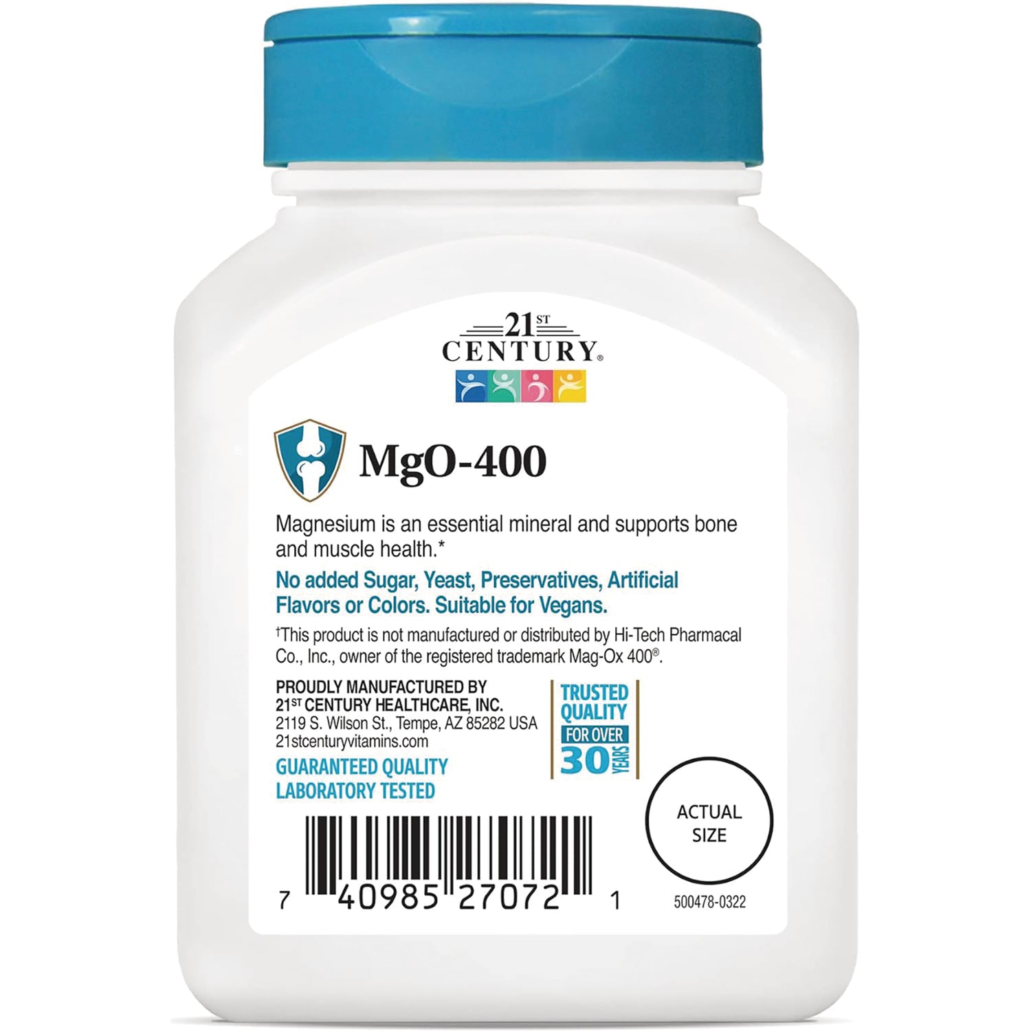 CNT105 | back label of MgO-400 bottle showing product name, claims No added Sugar, manufacturer info, barcode and actual size circle