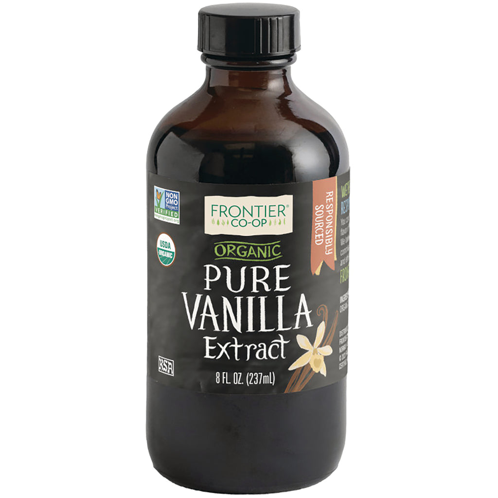 FNP048 | Frontier Co-op Organic Pure Vanilla Extract 8 fl oz brown glass bottle with label and vanilla flower - Thumbnail