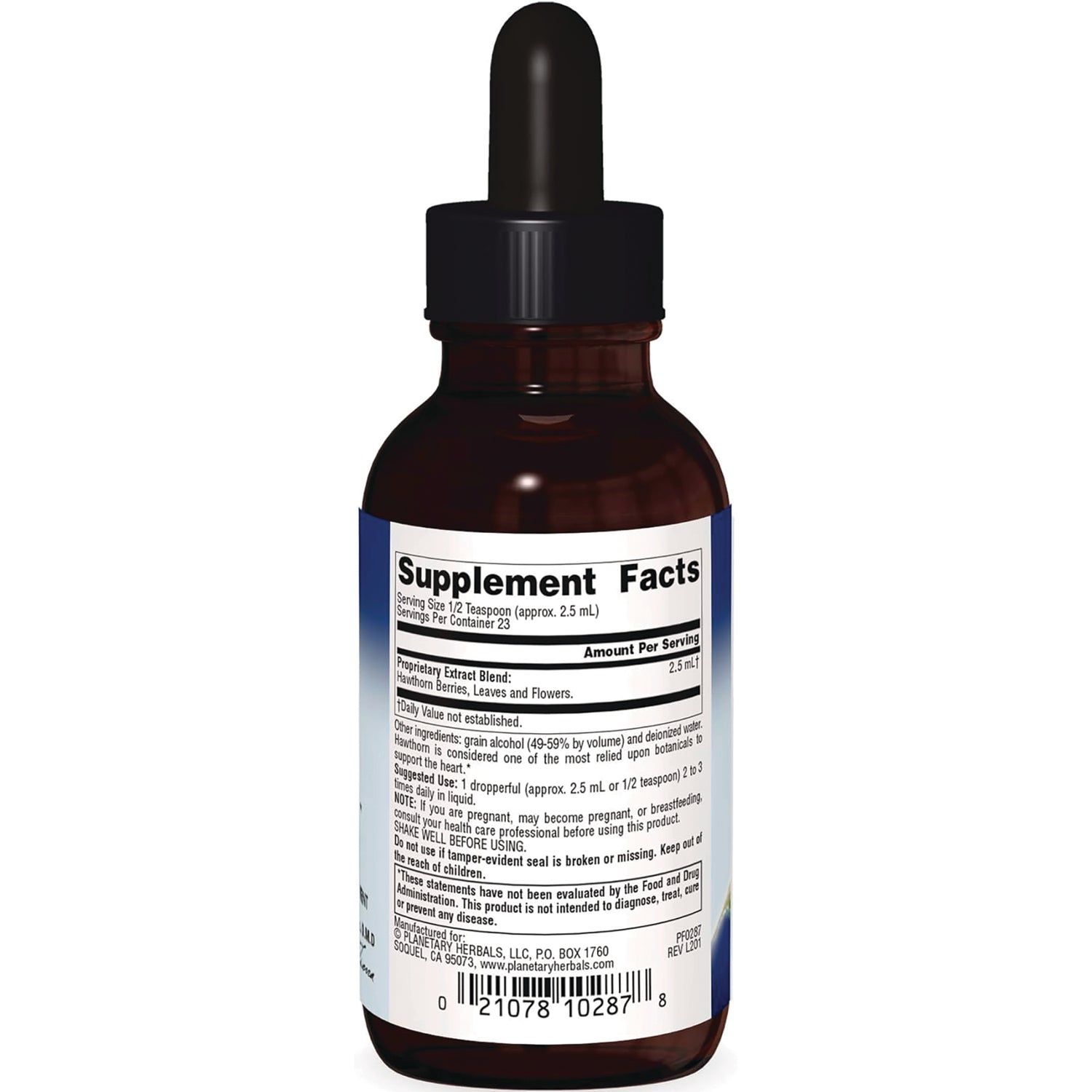 PF193 | Back of brown dropper bottle showing Supplement Facts label and barcode