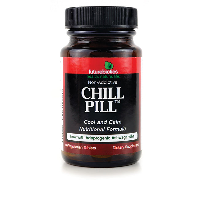 FB026 | Brown bottle with red and black label reading CHILL PILL Cool and Calm nutritional formula, 60 vegetarian tablets