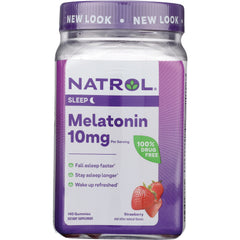 NA627 | Natrol Melatonin 10mg strawberry gummies bottle front label with 100% drug free badge