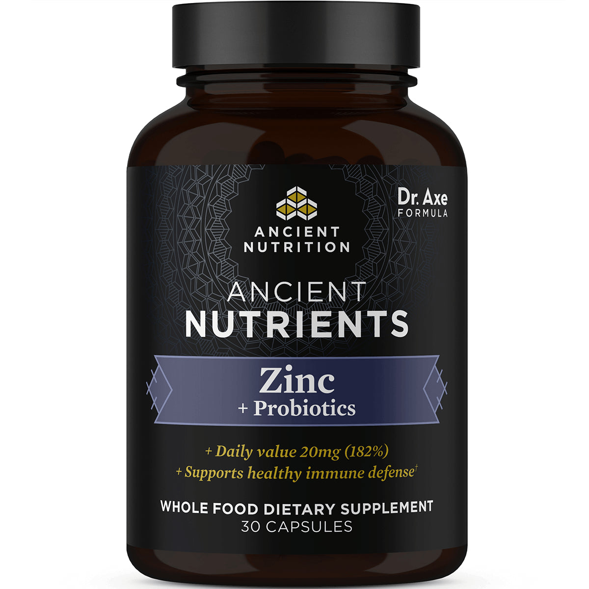 ATN062 | Ancient Nutrients Zinc + Probiotics dark bottle front label, whole food dietary supplement 30 capsules