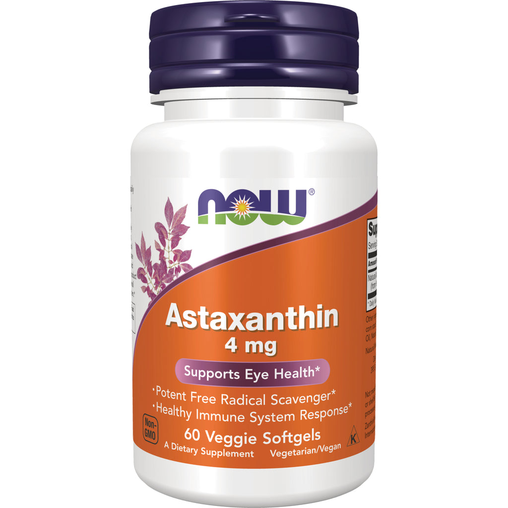 NWF528 | Bottle of NOW Astaxanthin 4 mg veggie softgels label reading Supports Eye Health - Thumbnail