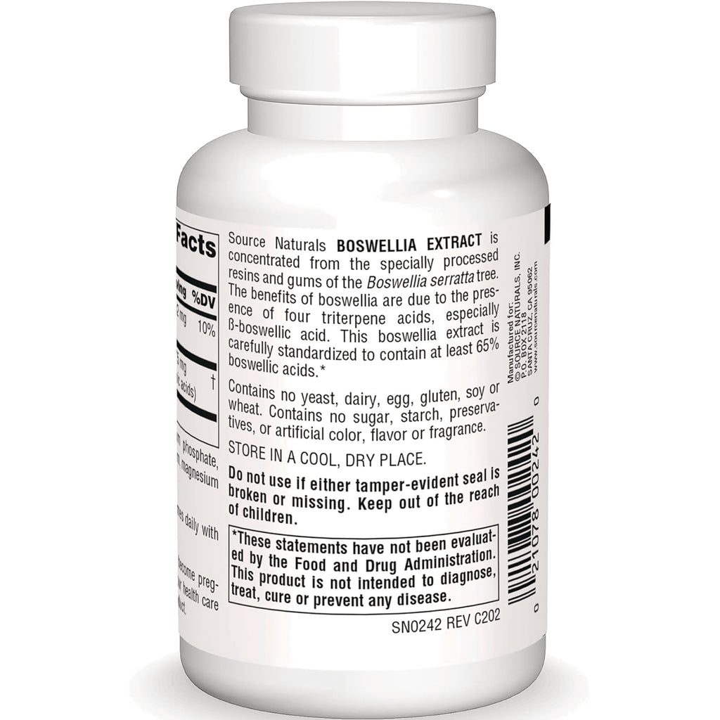 SN458 | Back label of Source Naturals Boswellia Extract supplement bottle with directions, warnings, and barcode - Thumbnail