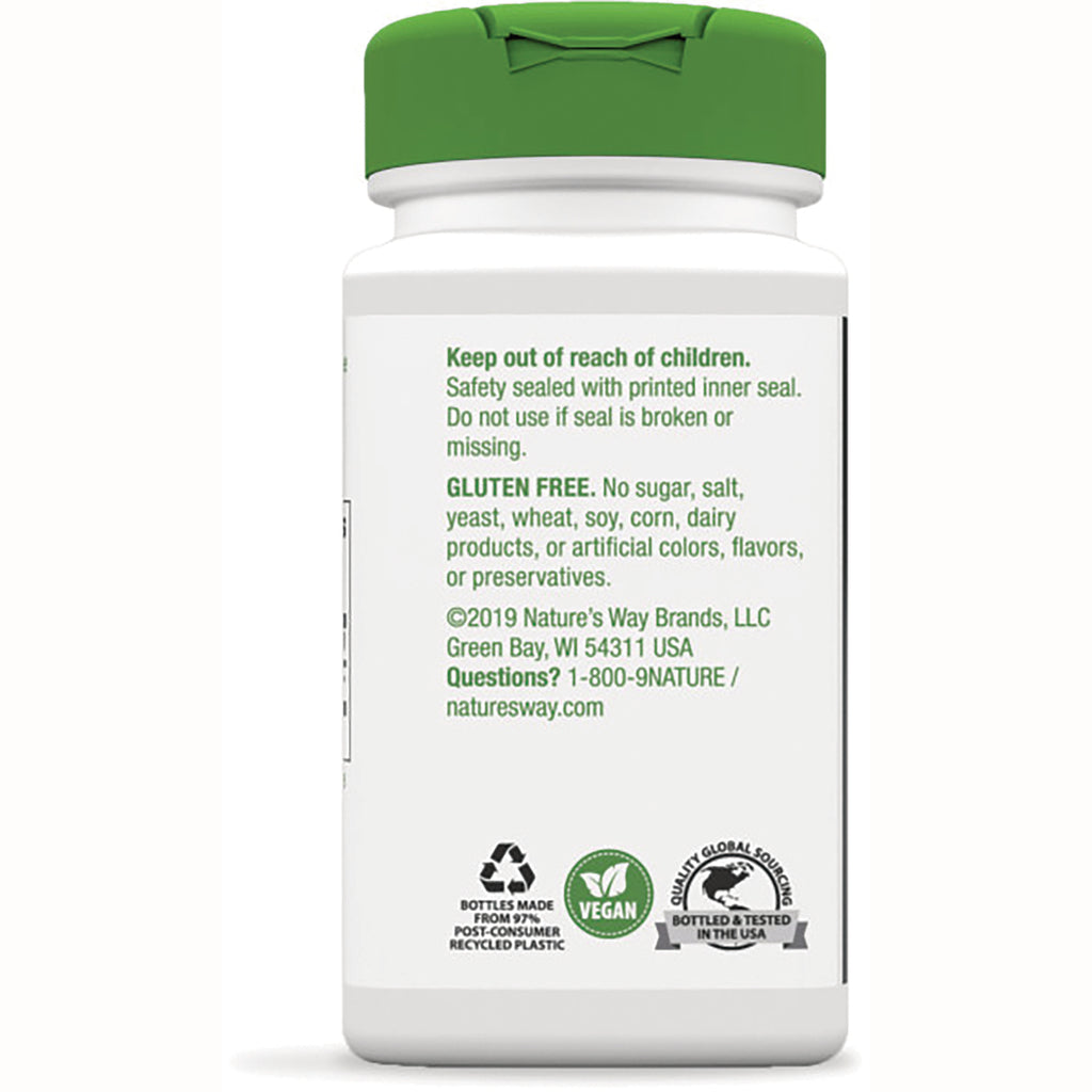 NW942 | Back label of supplement bottle showing safety instructions, GLUTEN FREE statement, contact info and vegan and recycling icons - Thumbnail