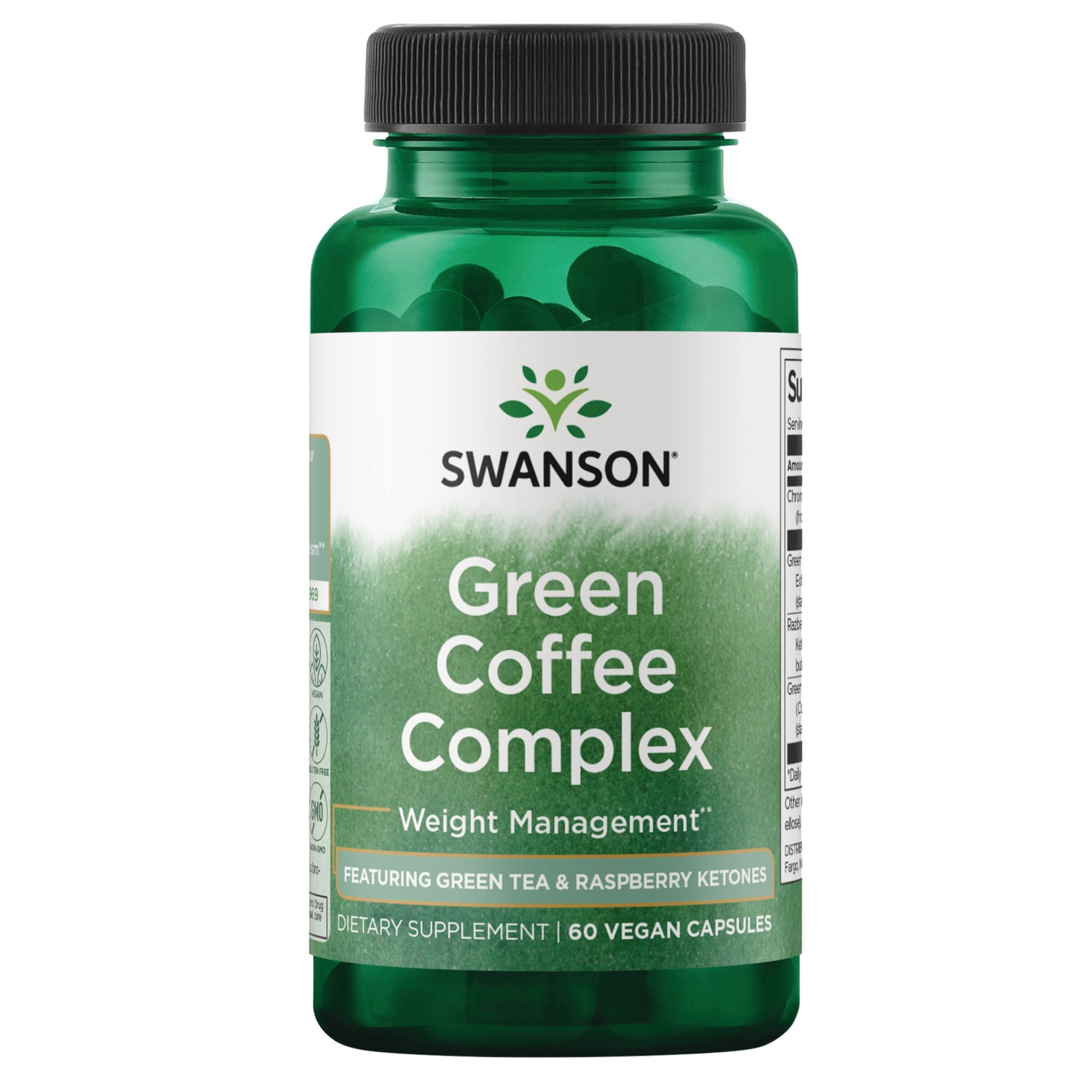 SWD077 | Four Swanson Green Coffee Complex bottles front view showing SWANSON logo and Green Coffee Complex label || SWD077 | Three Swanson Green Coffee Complex bottles front view with label reading Green Coffee Complex and 60 veggie capsules || SWD077 | Two front-facing Swanson Green Coffee Complex bottles labeled Green Coffee Complex 60 veggie capsules