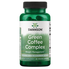 SWD077 | Four Swanson Green Coffee Complex bottles front view showing SWANSON logo and Green Coffee Complex label || SWD077 | Three Swanson Green Coffee Complex bottles front view with label reading Green Coffee Complex and 60 veggie capsules || SWD077 | Two front-facing Swanson Green Coffee Complex bottles labeled Green Coffee Complex 60 veggie capsules