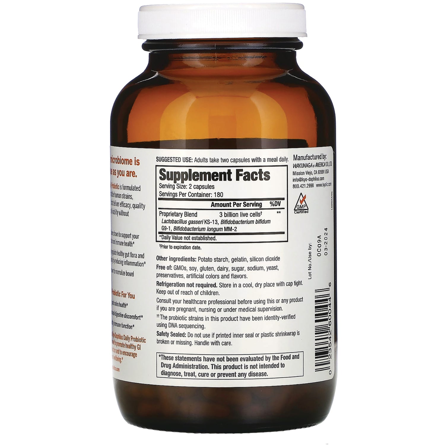 KY073 | Back of amber supplement bottle showing Supplement Facts panel, ingredients, barcode and storage instructions