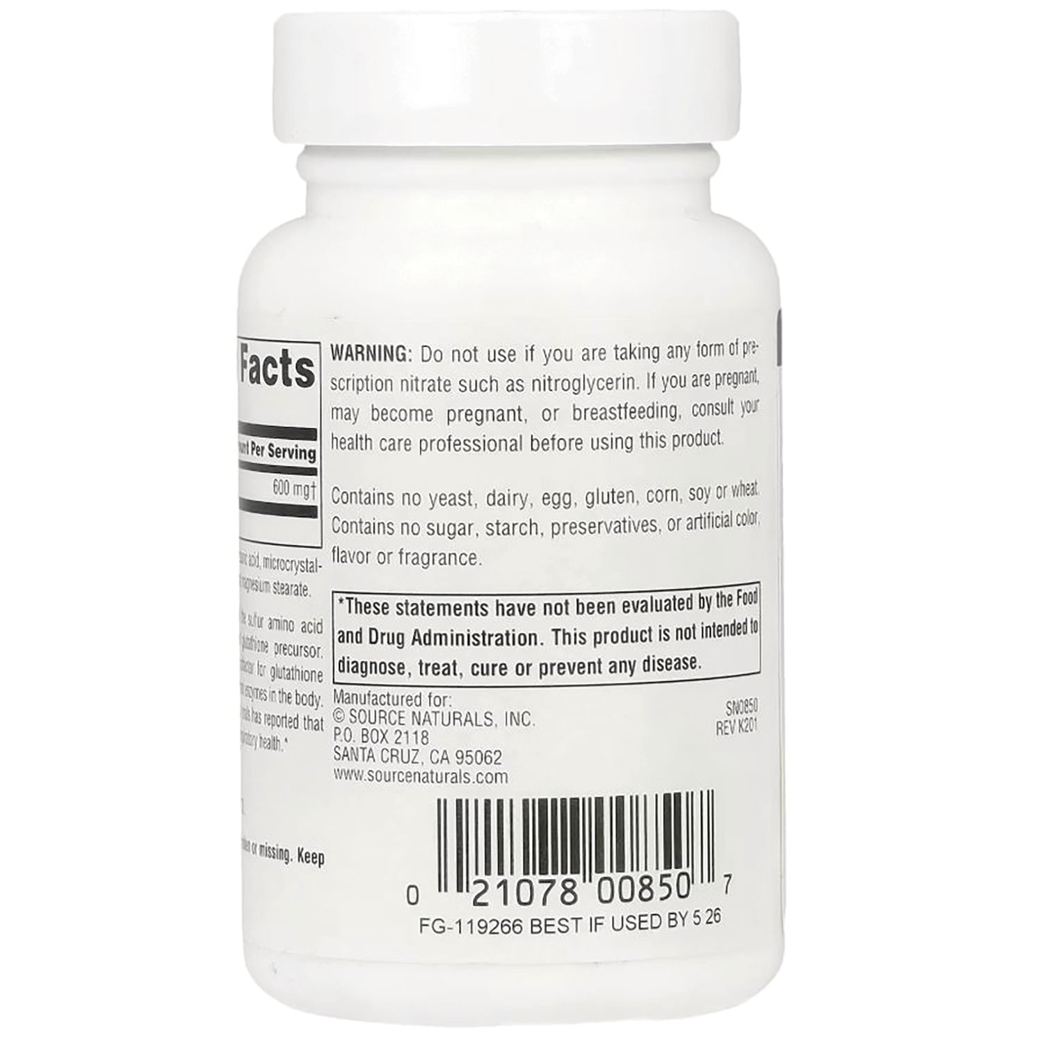 SN877 | Back label with supplement facts, warnings, ingredients, and barcode
