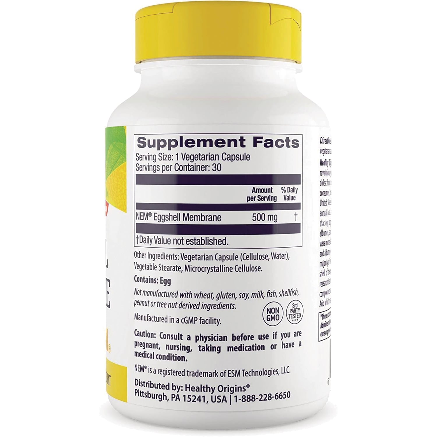 HRG086 | back label with Supplement Facts listing NEM eggshell membrane 500 mg, serving size 1 vegetarian capsule, contains egg