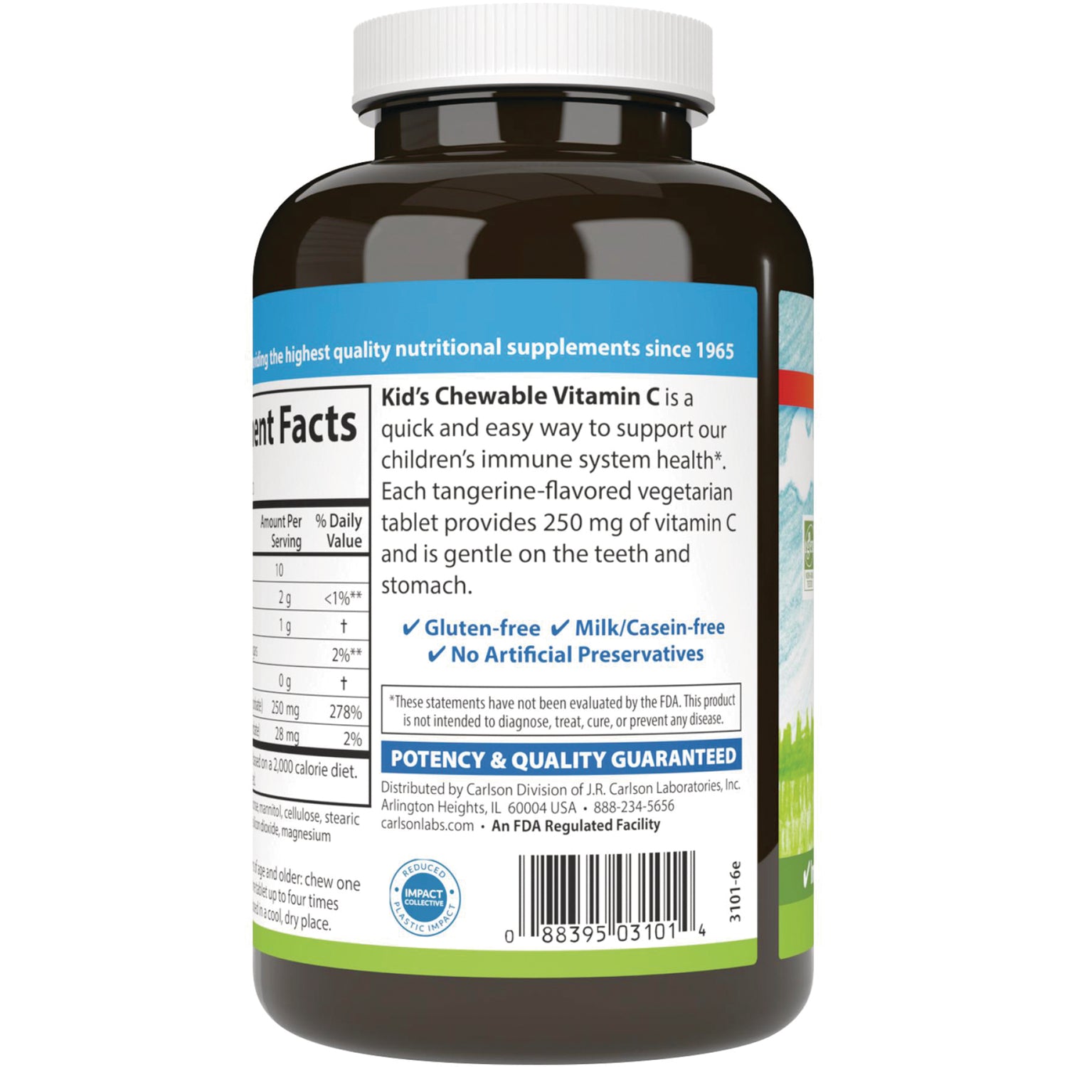 Back label of brown supplement bottle showing supplement facts, product description, potency guarantee and barcode