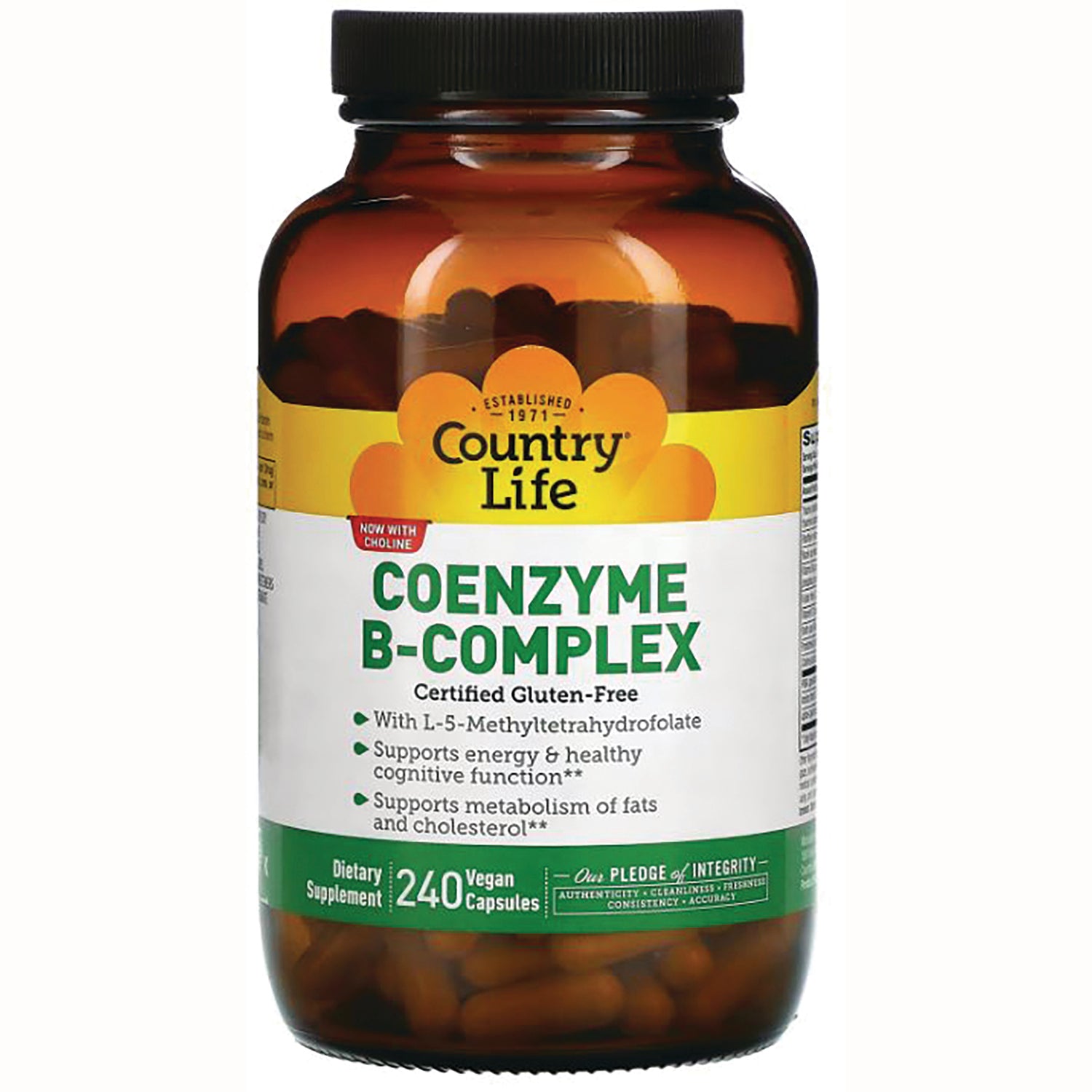 CRL562 | Country Life Coenzyme B-Complex amber bottle front label showing 240 vegan capsules dietary supplement