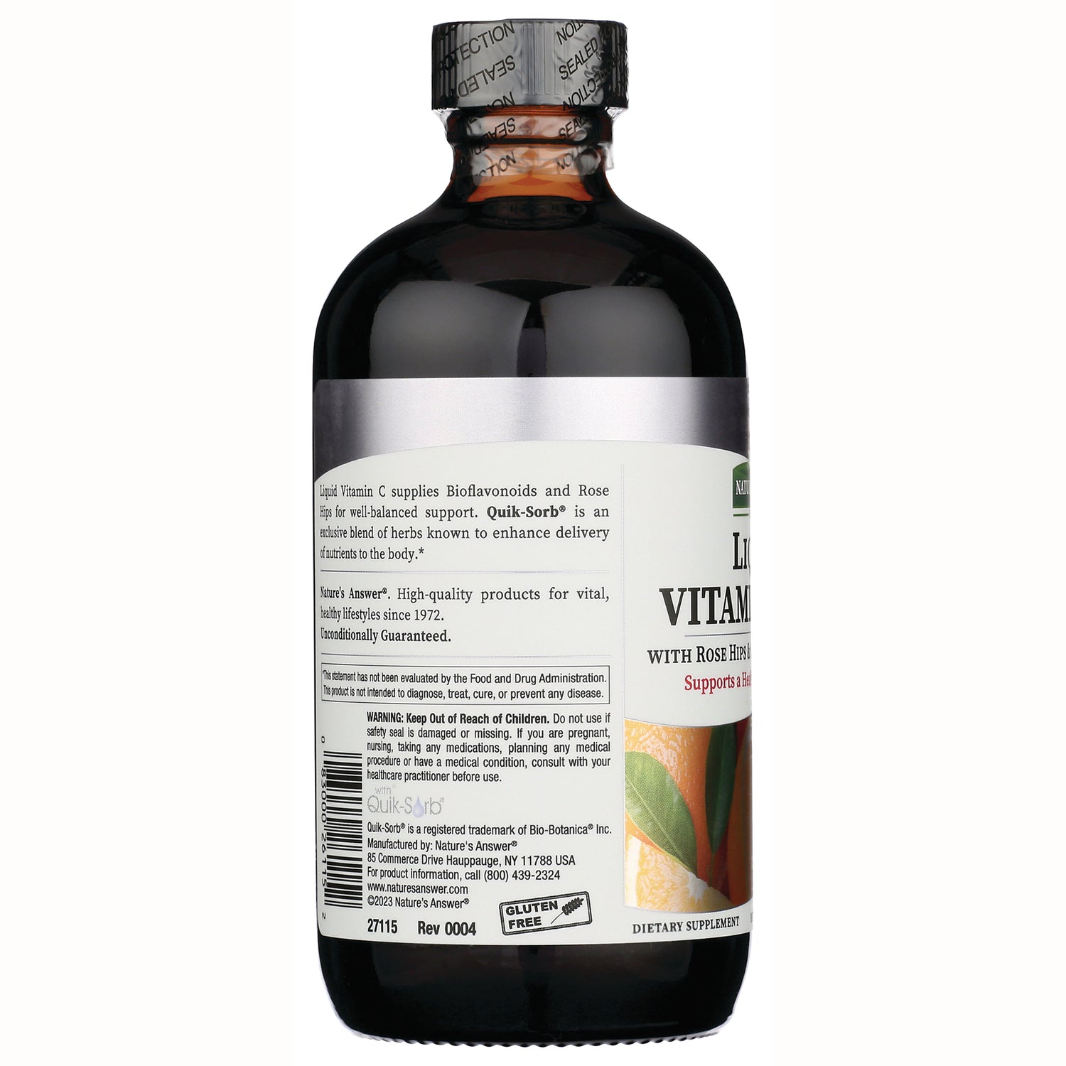 NAT097 | back label of amber liquid vitamin bottle showing ingredients, warnings, barcode and gluten free icon
