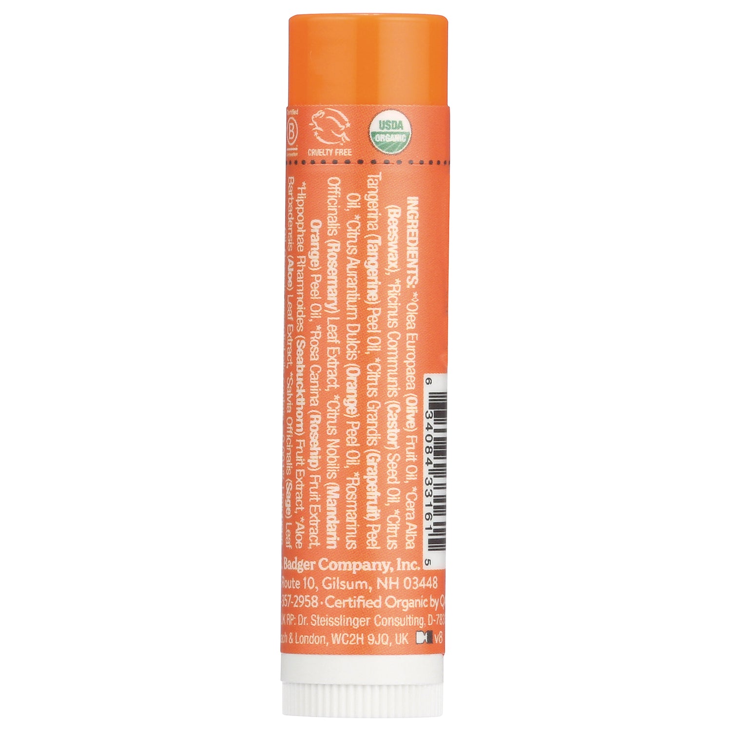BAD006 | orange lip balm tube back showing ingredient text and barcode