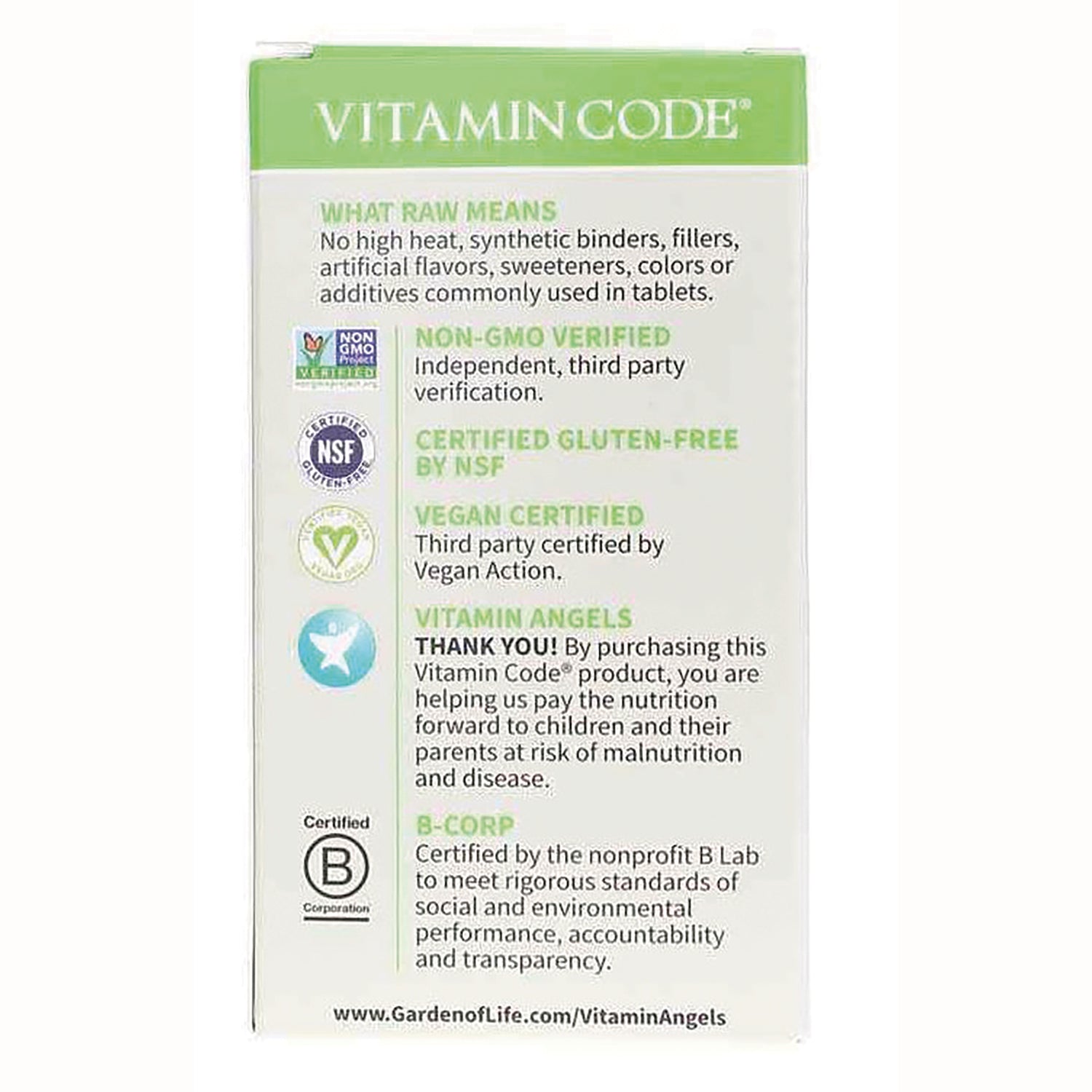 GLF102 | Back panel of Vitamin Code box showing non-GMO, certified gluten-free, vegan, B-Corp and Vitamin Angels text and logos