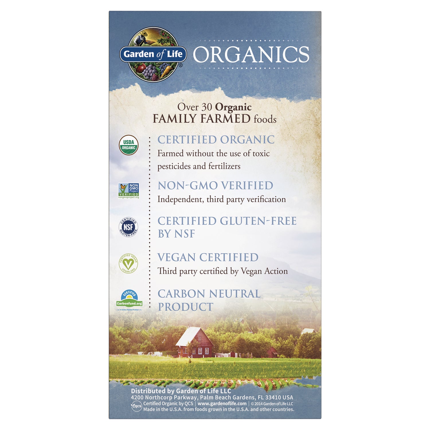 GLF181 | Back panel listing Certified Organic, Non-GMO Verified, Certified Gluten-Free, Vegan Certified, Carbon Neutral product