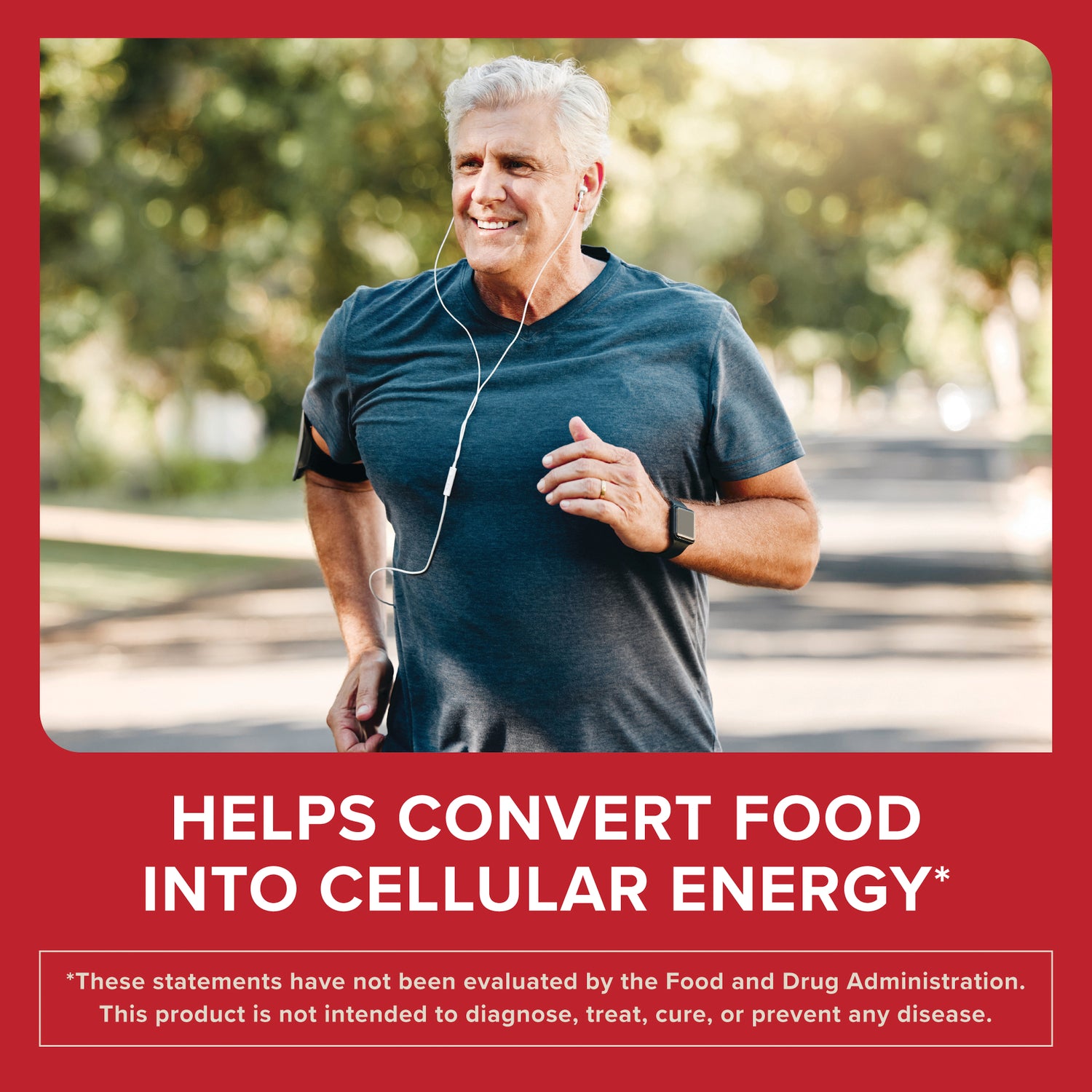 QNL016 | Smiling man jogging outdoors with earbuds, shown in a red infographic about converting food into cellular energy