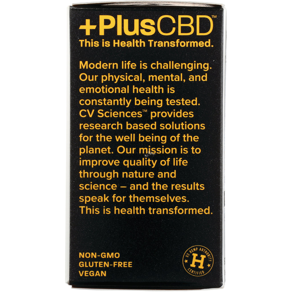 Black box panel showing PlusCBD branding and paragraph about health transformed labeled NON-GMO GLUTEN-FREE VEGAN - Thumbnail