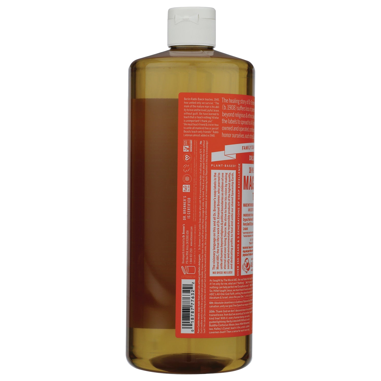 DRB029 | back of clear bottle with orange product infographic label showing dense ingredients and text