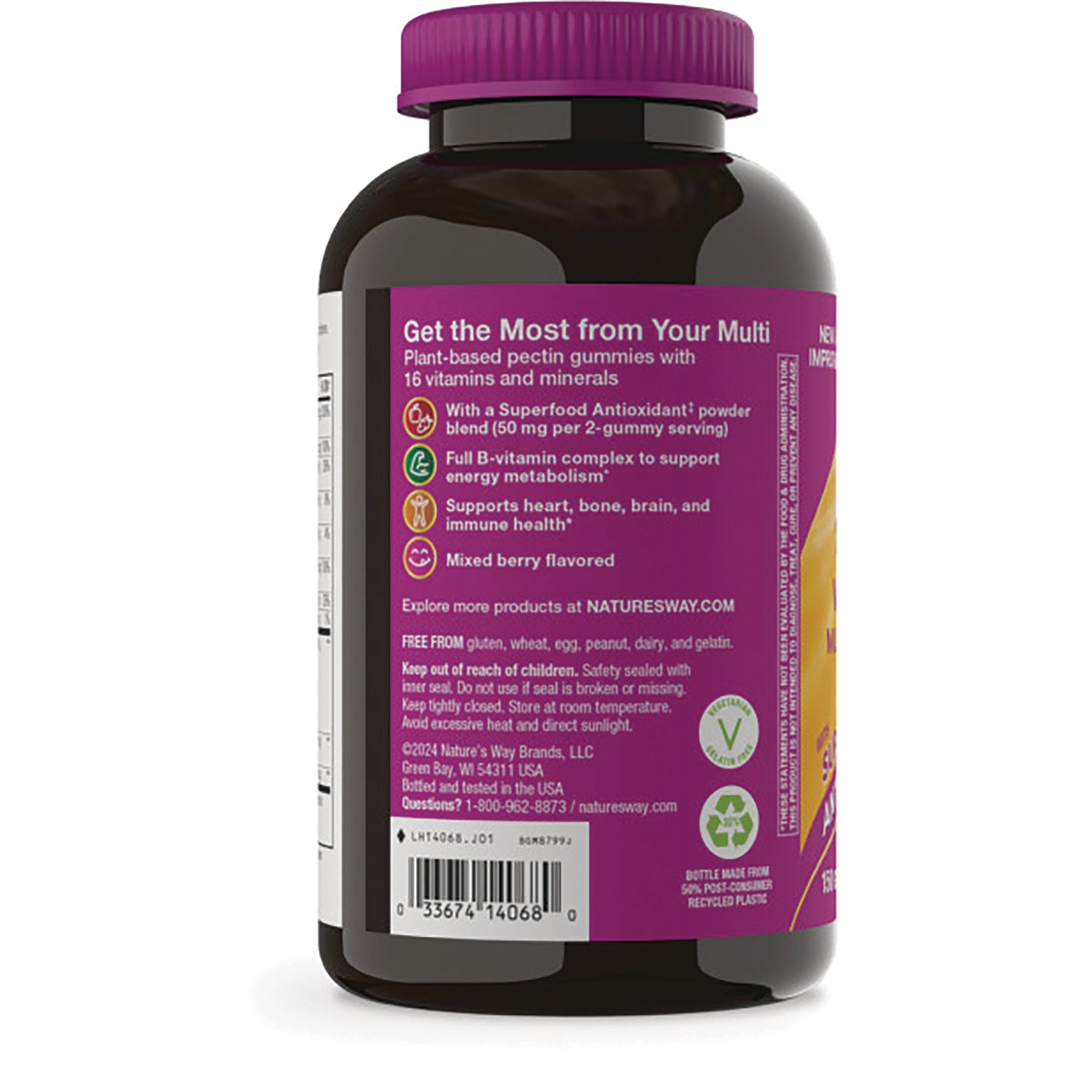 NW1034 | Back label of purple-capped supplement bottle showing benefits, warnings, barcode and nutrition text