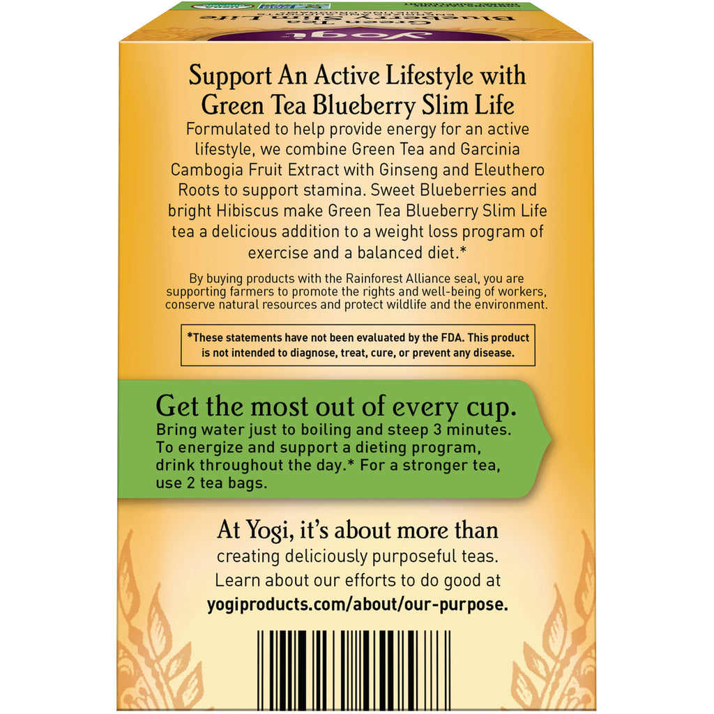 AHW028 | Back of Yogi Green Tea Blueberry Slim Life box with brewing directions and product information - Thumbnail