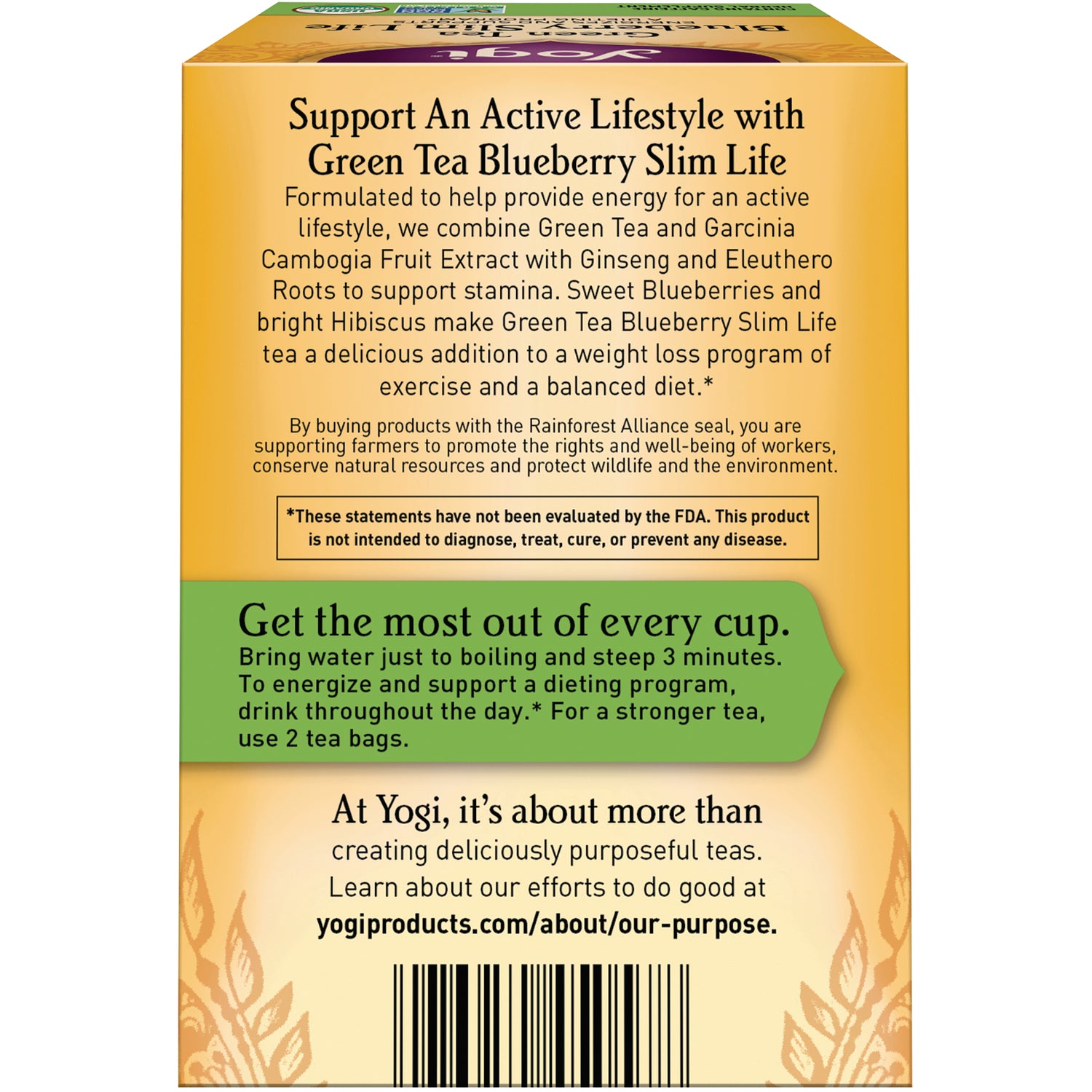 AHW028 | Back of Yogi Green Tea Blueberry Slim Life box with brewing directions and product information