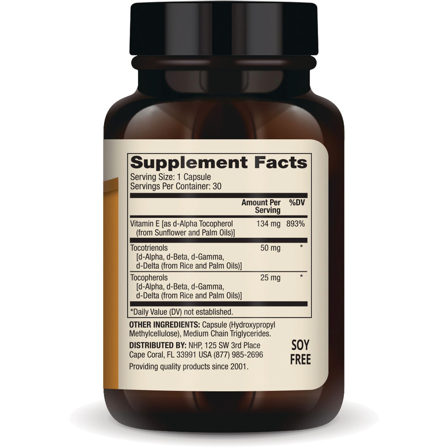 MRC082 | Bottle back showing Supplement Facts label with serving size 1 capsule, Vitamin E 134 mg and SOY FREE