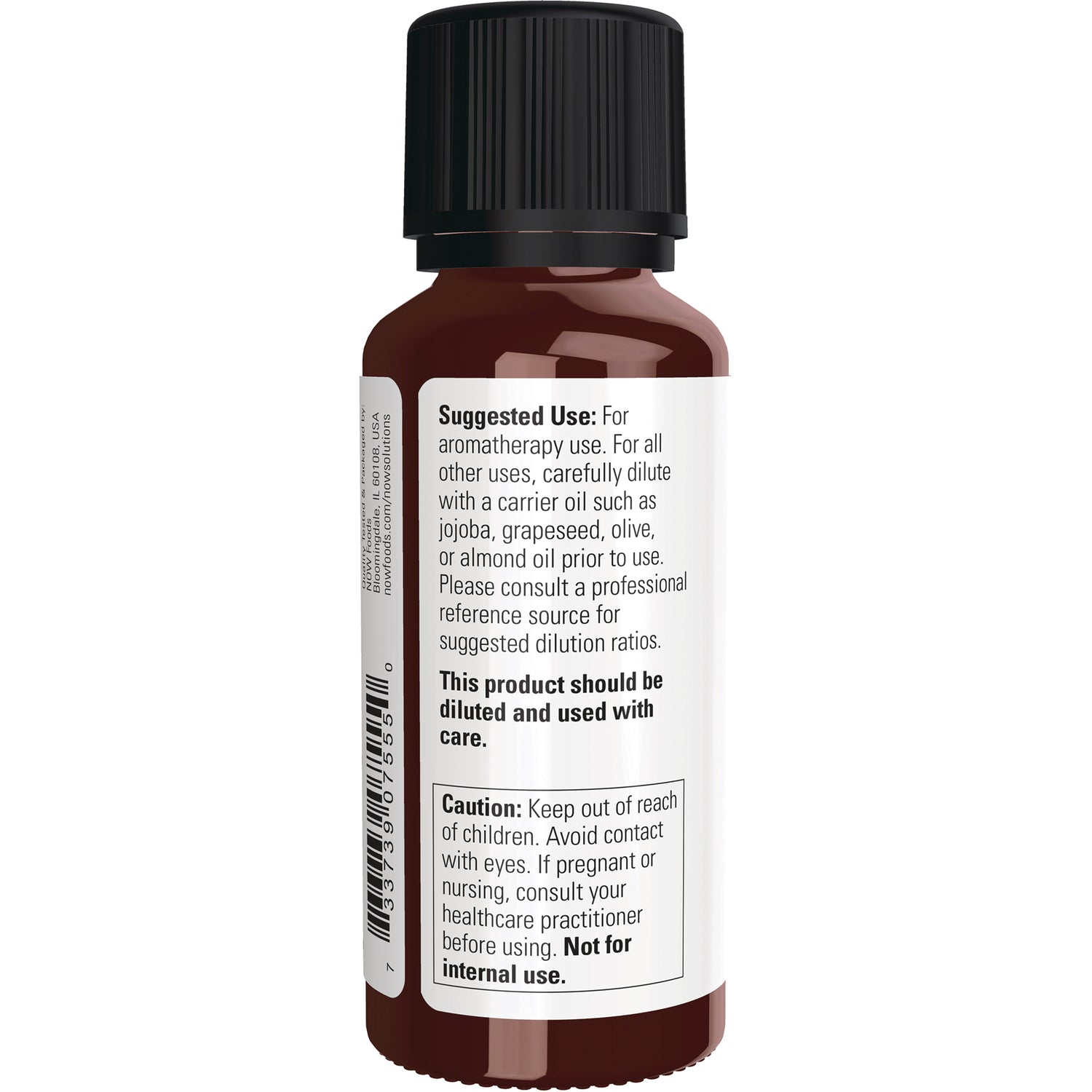 NWF319 | Back label of amber oil bottle showing suggested use, caution text and barcode