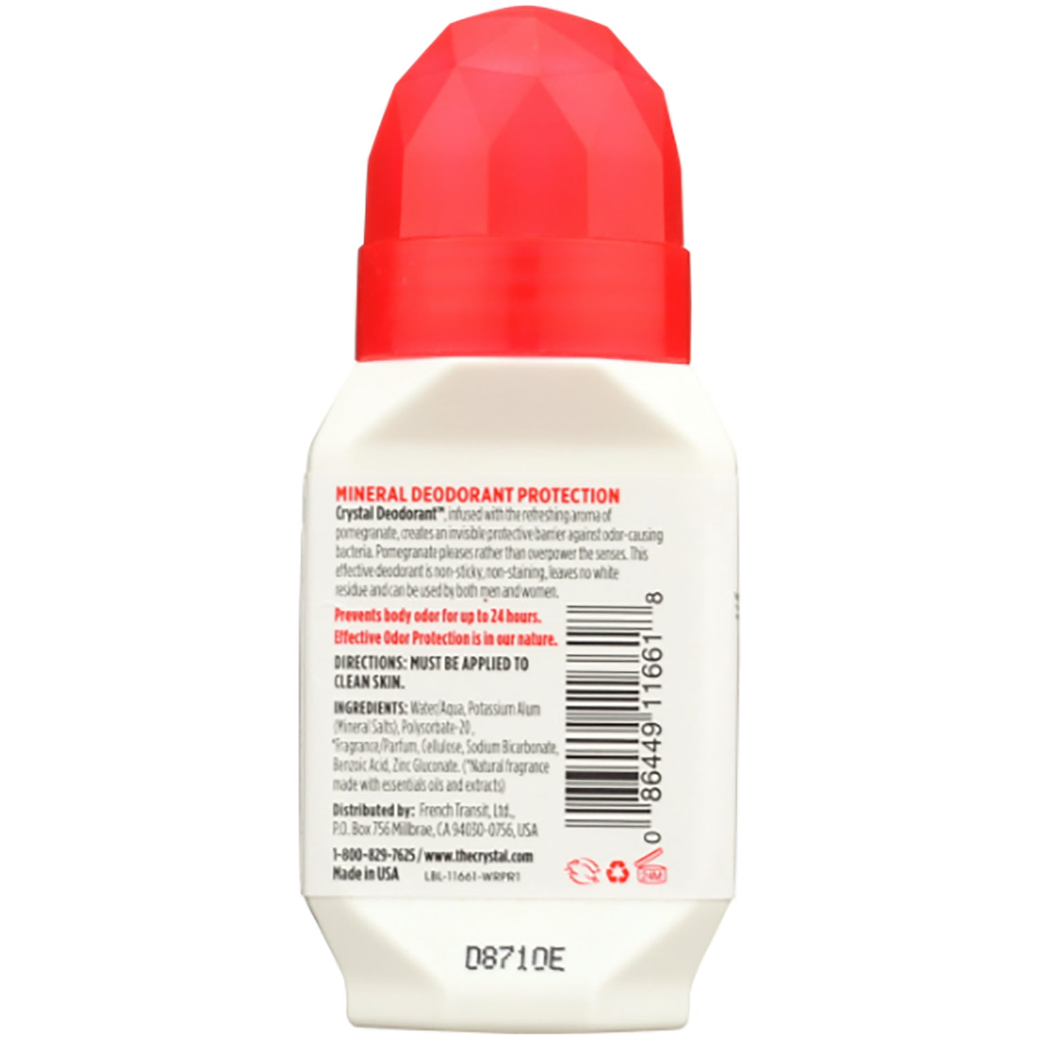 CRY013 | Back of white roll-on deodorant with red faceted cap, showing MINERAL DEODORANT PROTECTION label, ingredients and barcode