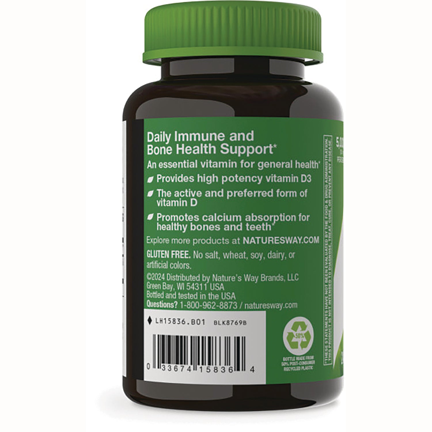 NW817 | Back label of vitamin bottle showing Daily Immune and Bone Health Support text, barcode and recycling symbol